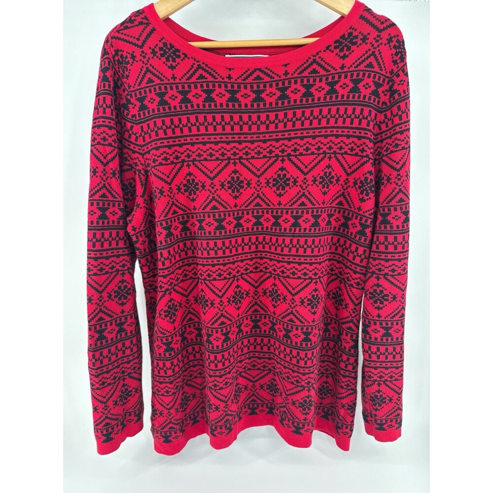 Karen Scott Knit 100% Cotton Geometric Sweater Woman's Large Red & Black